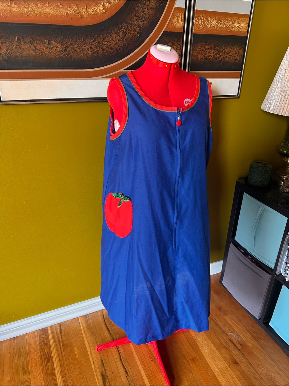 Vintage Blue Sleeveless Smock Dress with Red Apple Pocket